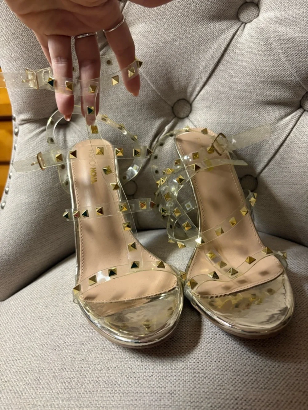 Fashion Nova clear/studded Women's Sandals in Nude/Gold